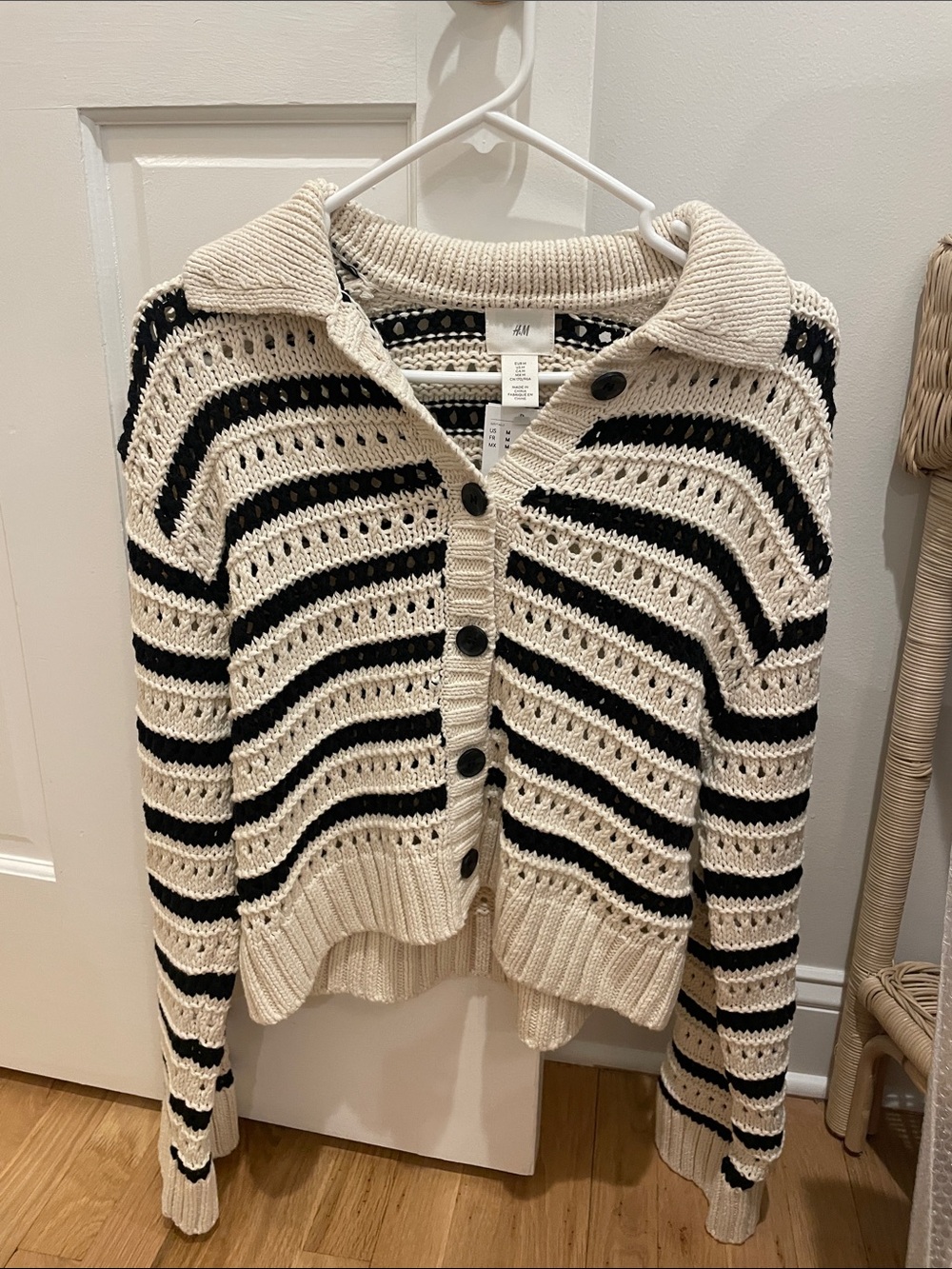 H&M Cream & Black Open-Knit Striped Button Cardigan